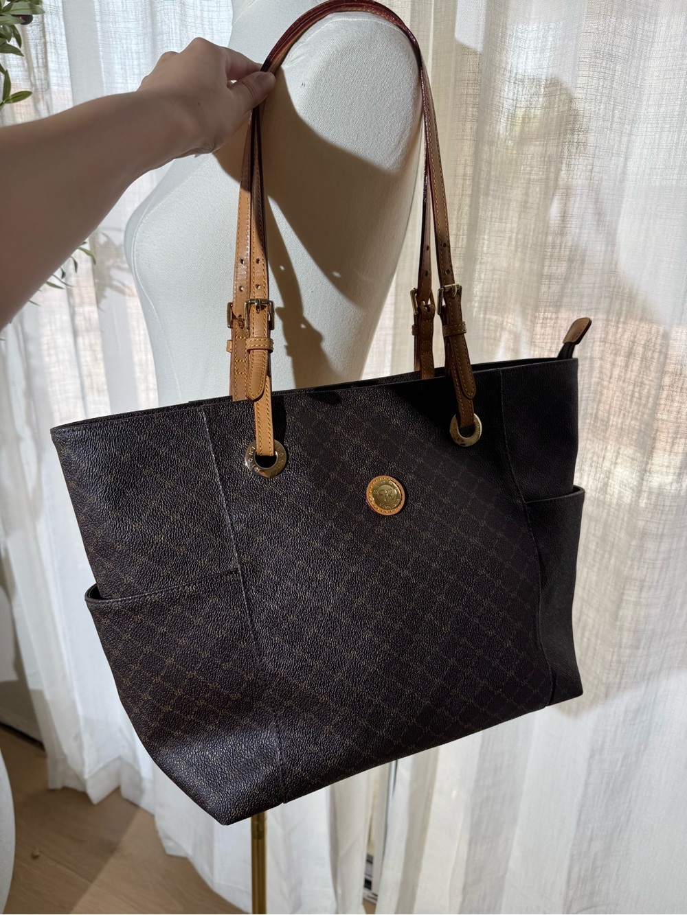 Rioni Moda Italia Canvas Tote Shoulder Bag Brown Monogram Print Handbag J9836Y - Picture 5 of 13